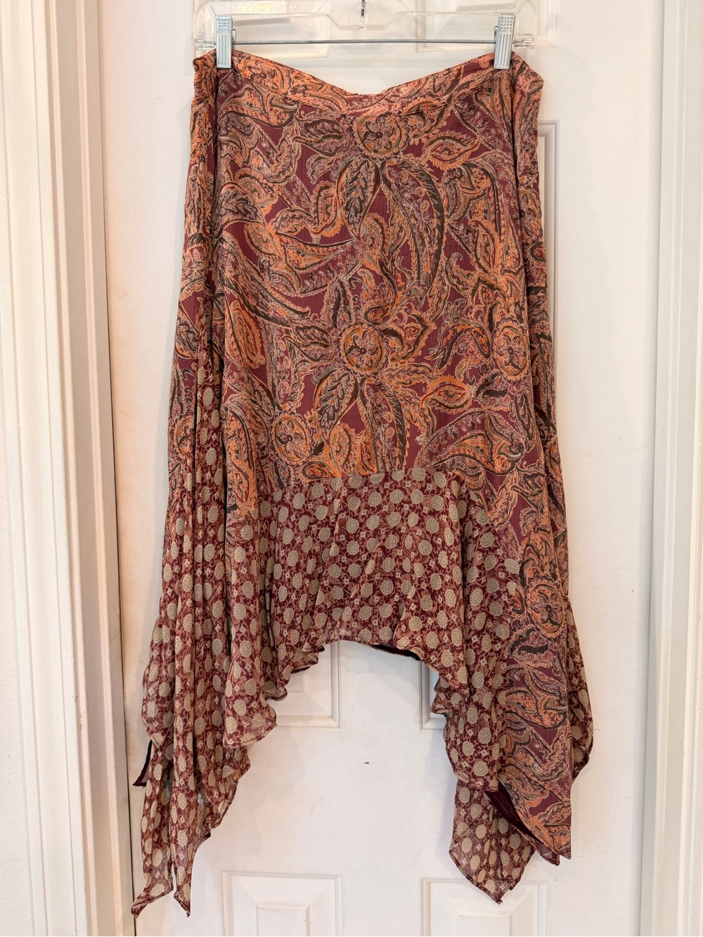 Sundance Paisley Handkerchief Hem Skirt in Rust & Peach, Silk, Lightweight, Sz 6 - Picture 11 of 14